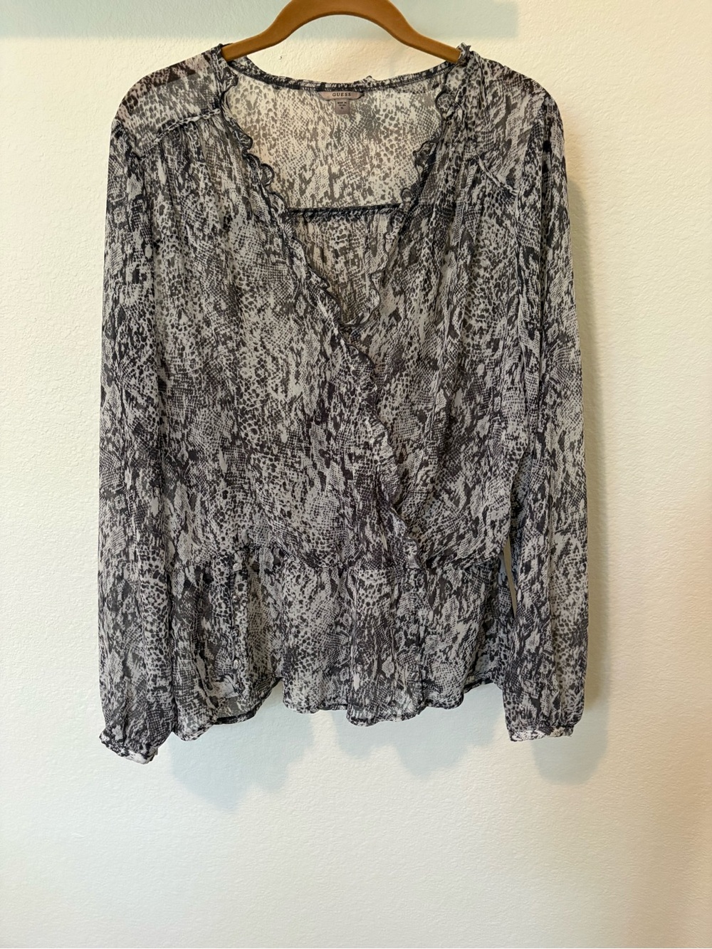 Guess Sheer Black & White Snake Print Wrap Blouse